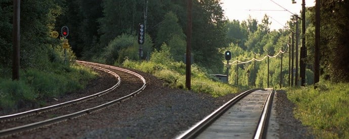 Tågräls som leder genom skog